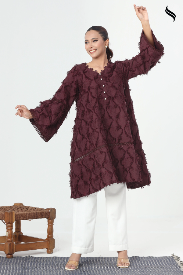 SEESHELL Women's Two Piece Cotton Twill Lace Burgundy
