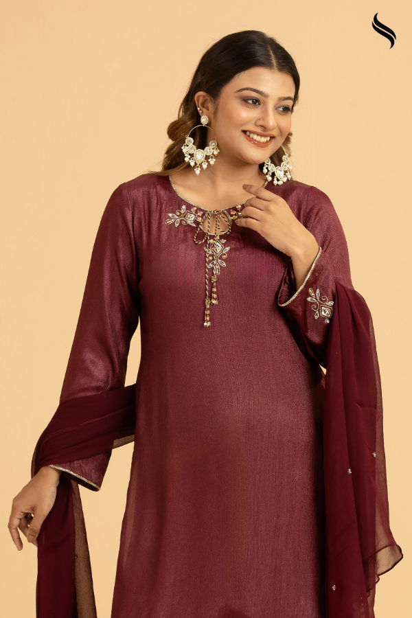 SEESHELL Women's Three Piece Zari Silk Karchupi Burgundy (Burgundy Color) 02