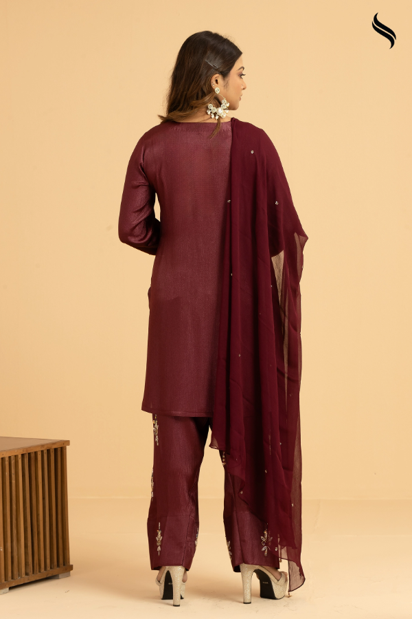 SEESHELL Women's Three Piece Zari Silk Karchupi Burgundy (Burgundy Color) 03