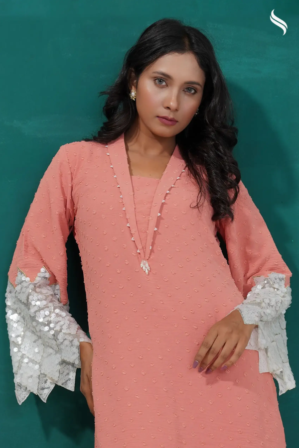 Buti Fabric Set With Zigzag Applique (Coral pink Color) 01