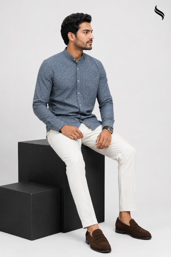 SEESHELL Men's Band Collar Shirt Chambray Polka Dot Light Blue (Light Blue Color) 02