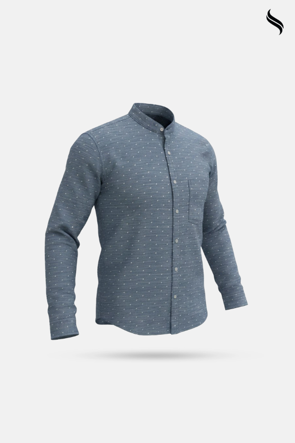 SEESHELL Men's Band Collar Shirt Chambray Polka Dot Light Blue (Light Blue Color) 03