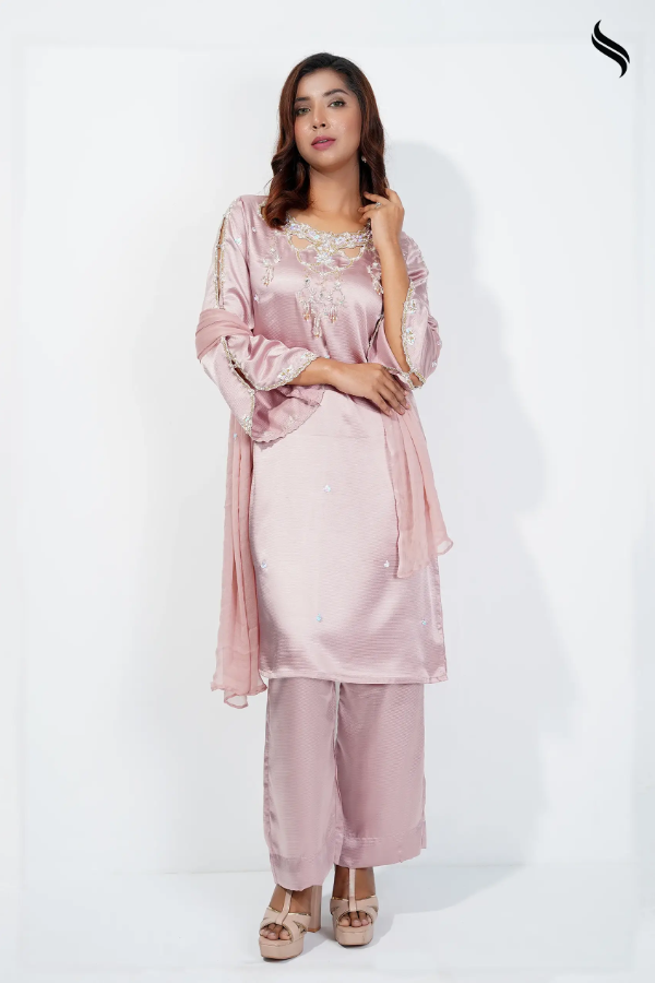 Chandelier Neckline Dress With Cutwork Sleeve (Baby pink Color) 05