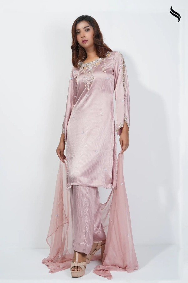 Chandelier Neckline Dress With Cutwork Sleeve (Baby pink Color) 06