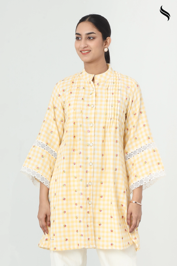 SEESHELL Women's Top Cotton Pintuck Pattern Checkered Yellow (Pale Yellow Color) 02