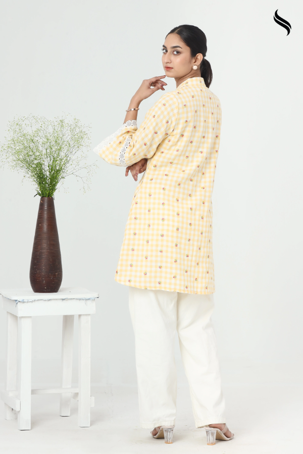 SEESHELL Women's Top Cotton Pintuck Pattern Checkered Yellow (Pale Yellow Color) 03