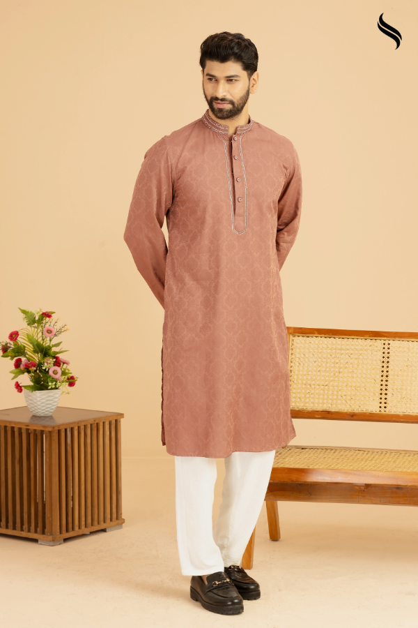 SEESHELL Men's Panjabi Jacquard Cotton Handwork Chestnut Brown (Chestnut Brown Color) 02