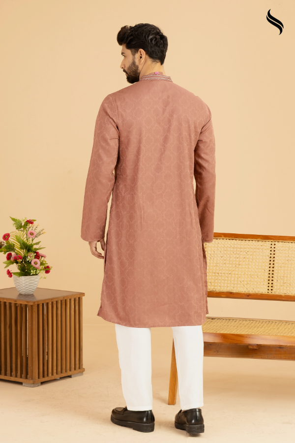 SEESHELL Men's Panjabi Jacquard Cotton Handwork Chestnut Brown (Chestnut Brown Color) 03