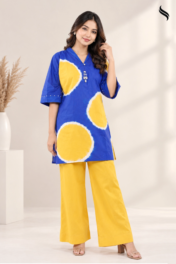 SEESHELL Women's Two Piece Cotton Tie Dye Cobalt Blue Yellow Ochre (Cobalt blue and yellow ocre tie dye Color) 03