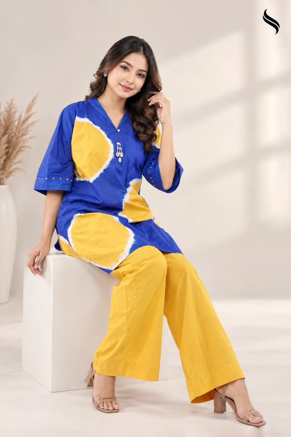 SEESHELL Women's Two Piece Cotton Tie Dye Cobalt Blue Yellow Ochre (Cobalt blue and yellow ocre tie dye Color) 02