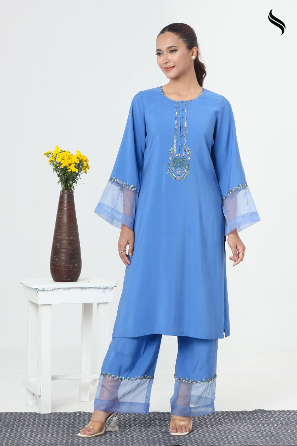 SEESHELL Women's Two Piece Blended Silk Zardosi Cobalt Blue