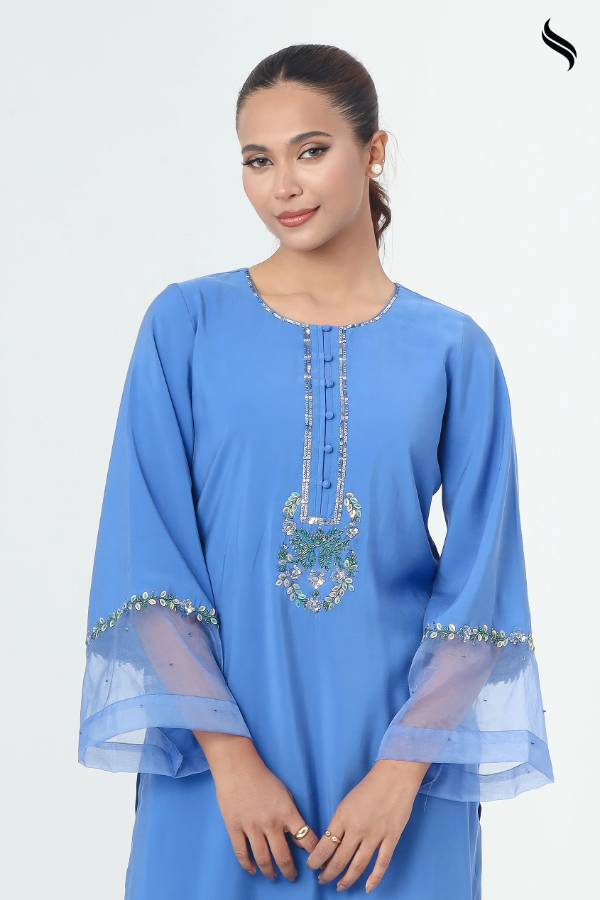 SEESHELL Women's Two Piece Blended Silk Zardosi Cobalt Blue (Cobalt Blue Color) 02