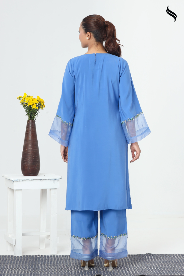 SEESHELL Women's Two Piece Blended Silk Zardosi Cobalt Blue (Cobalt Blue Color) 03