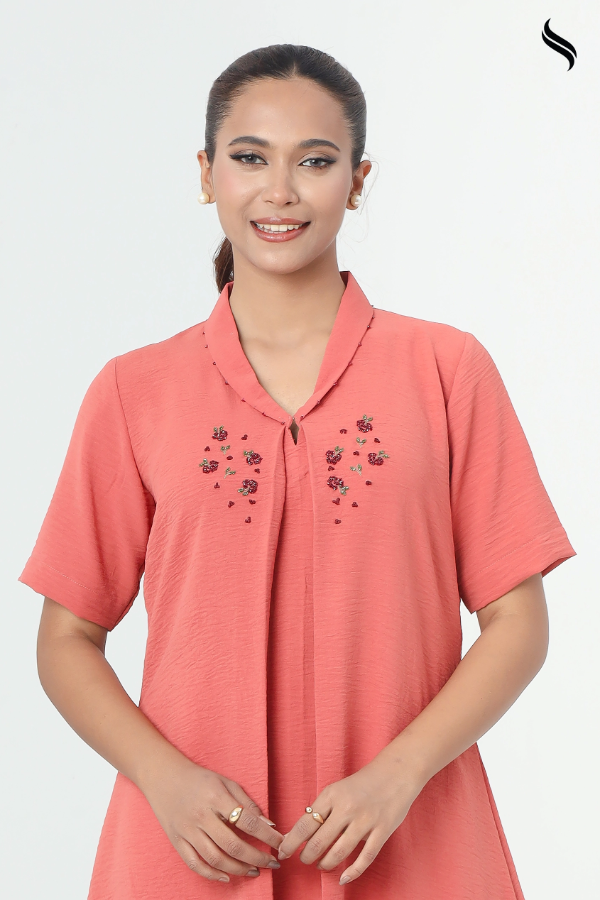 SEESHELL Women's Top Blended Silk Karchupi Coral Pink (Coral pink Color) 02