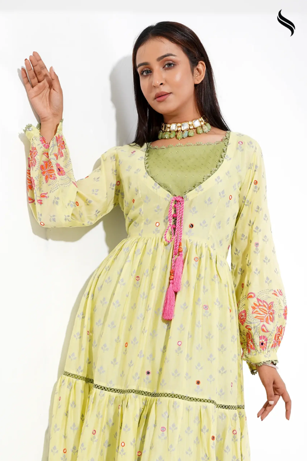 Cotton Anarkali With Block Print And Mirror Work (Green Color) 01