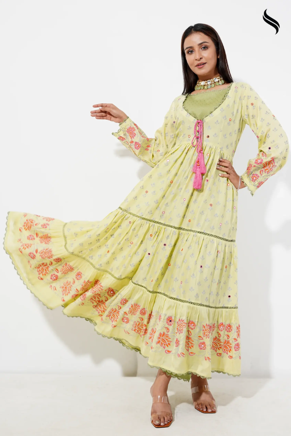 Cotton Anarkali With Block Print And Mirror Work