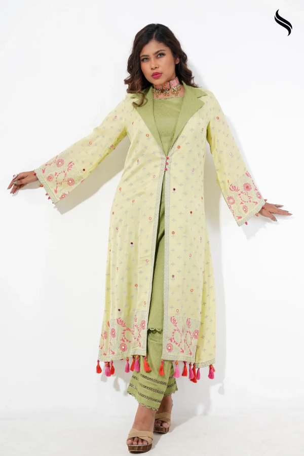 Cotton Coatie Set With Block Print And Mirror Work (Brick Color) 03