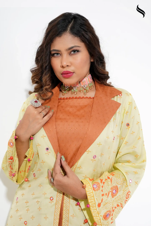 Cotton Coatie Set With Block Print And Mirror Work