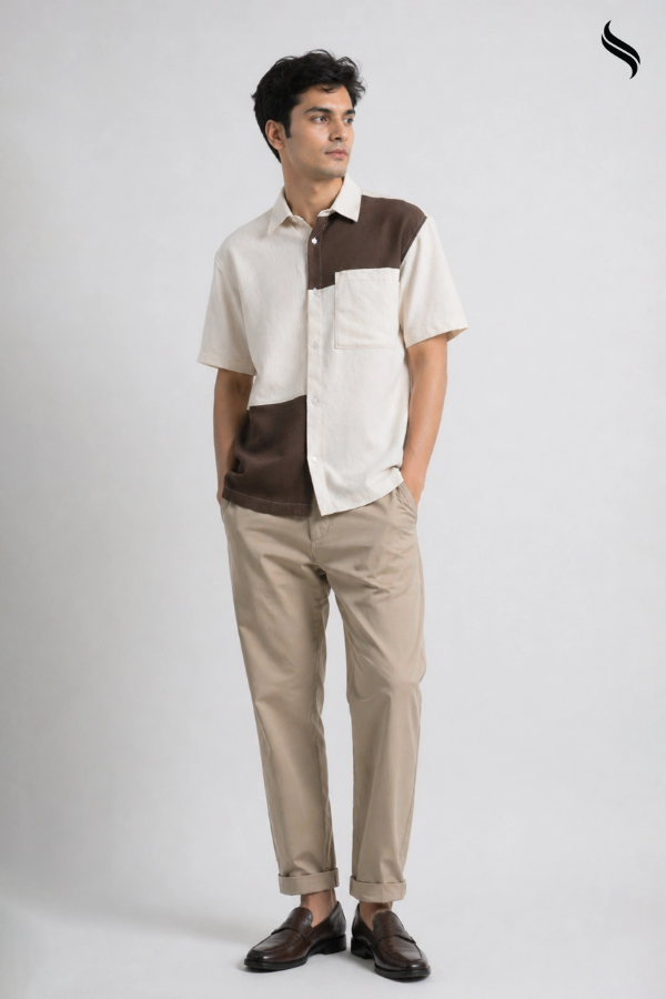 SEESHELL Men's Shirt Blended Cotton Dual Textile Cream Brown
