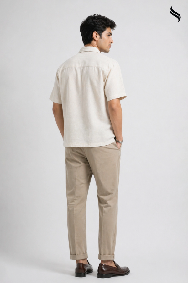 SEESHELL Men's Shirt Blended Cotton Dual Textile Cream Brown (Cream & Chocolate Brown Color) 02