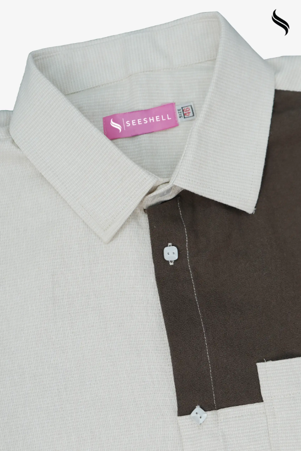 SEESHELL Men's Shirt Blended Cotton Dual Textile Cream Brown (Cream & Chocolate Brown Color) 03