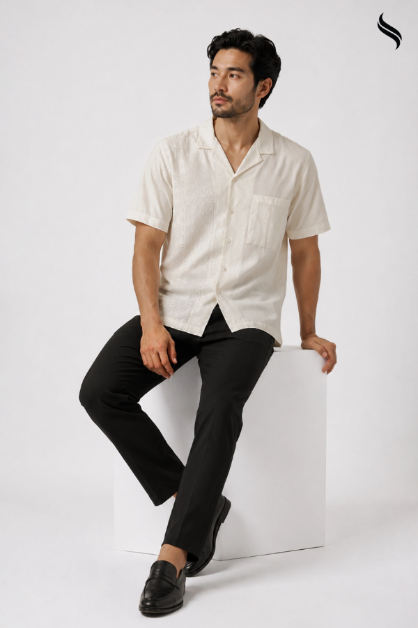 SEESHELL Men's Cuban Shirt Schiffli Cotton Cream White (Cream White Color) 02