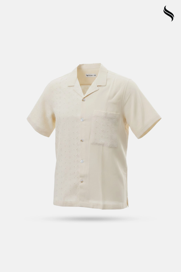 SEESHELL Men's Cuban Shirt Schiffli Cotton Cream White (Cream White Color) 03