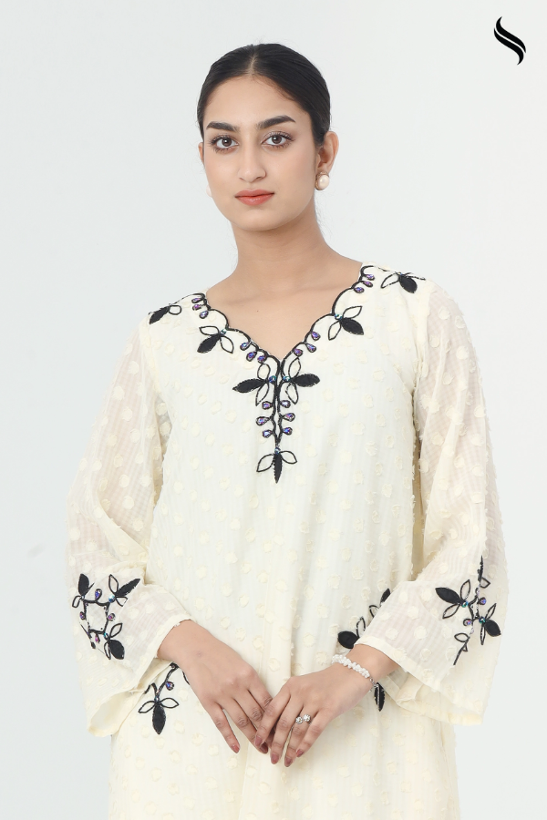 SEESHELL Women's Two Piece Embossed Georgette Applique Cream (Cream White Color) 02