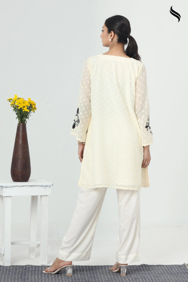 SEESHELL Women's Two Piece Embossed Georgette Applique Cream (Cream White Color) 03