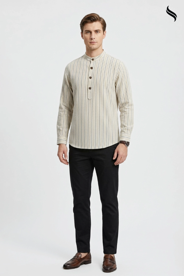 SEESHELL Men's Shirt Remi Cotton Stripe Cream White