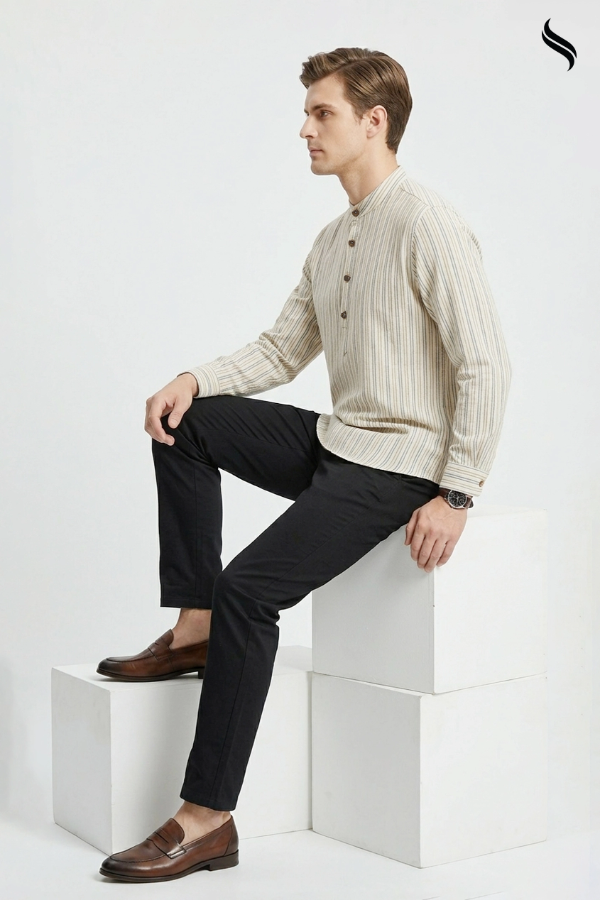 SEESHELL Men's Shirt Remi Cotton Stripe Cream White (Cream White Color) 02