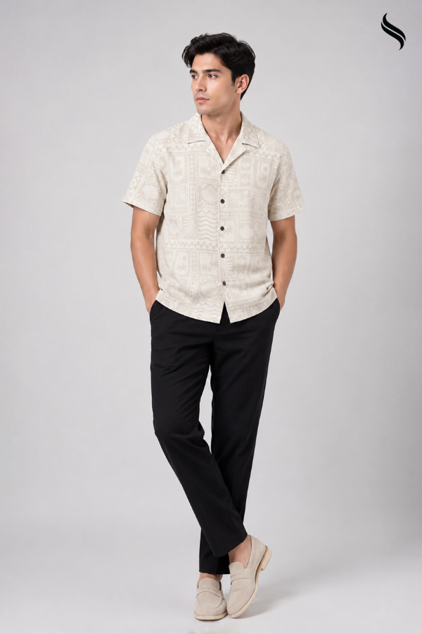 SEESHELL Men's Shirt Monochrome Slab Cotton Cream White