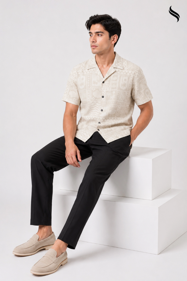 SEESHELL Men's Shirt Monochrome Slab Cotton Cream White (Cream White Color) 02