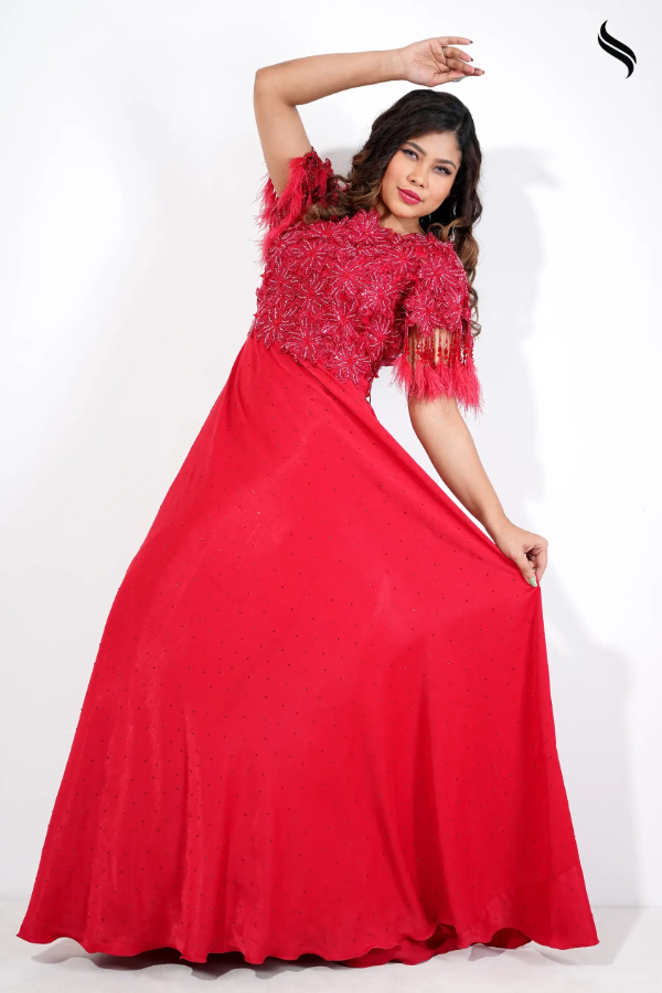 Crimson Elegance Embellished Evening Gown (Red Color) 02