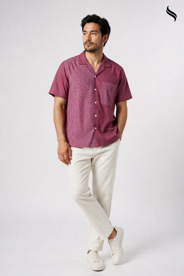 SEESHELL Men's Cuban Shirt Dual Textile Schiffli Crimson Red