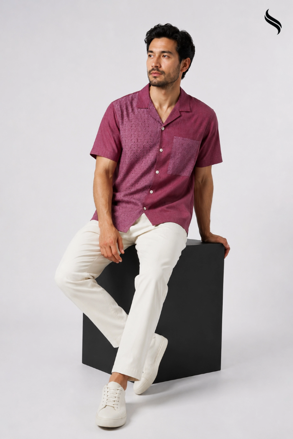 SEESHELL Men's Cuban Shirt Dual Textile Schiffli Crimson Red (Crimson red Color) 02