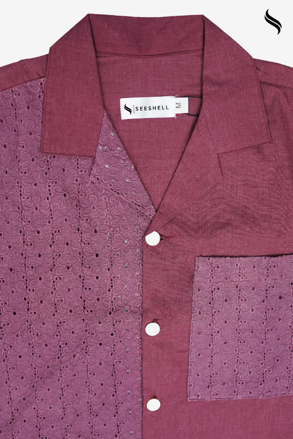 SEESHELL Men's Cuban Shirt Dual Textile Schiffli Crimson Red (Crimson red Color) 03