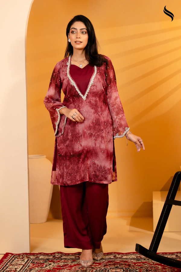 SEESHELL Women's Two Piece Georgette Karchupi Crimson Red