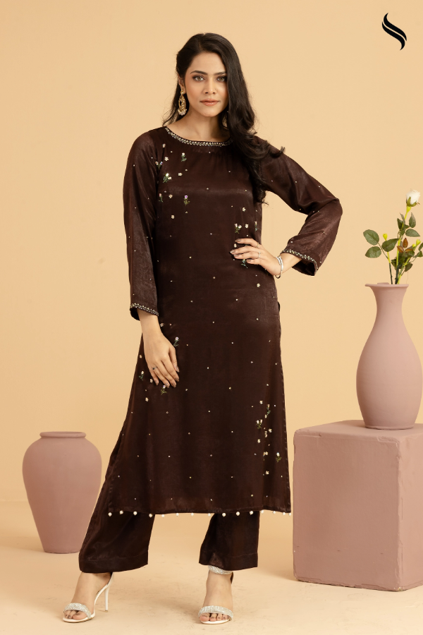 Dark Chocolate Silk Two Piece Set with Stone Work and Tambour Embroidery (Dark Chocolate Color) 01