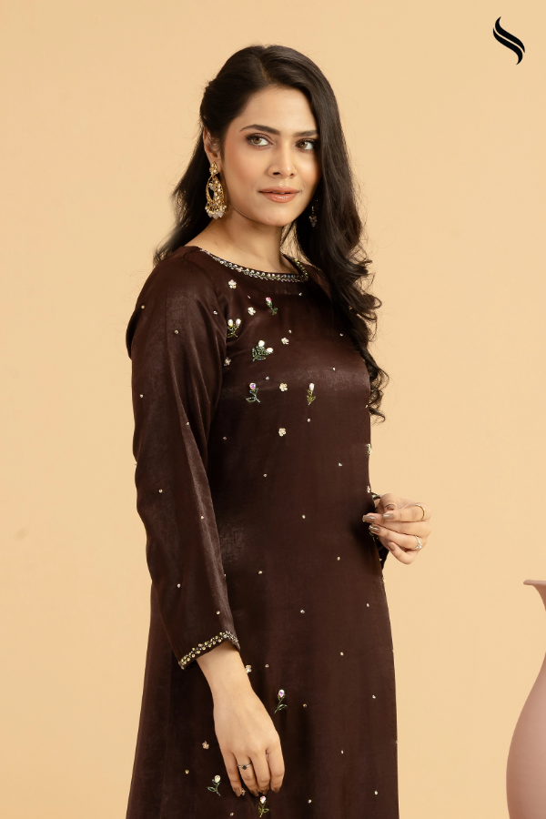 Dark Chocolate Silk Two Piece Set with Stone Work and Tambour Embroidery (Dark Chocolate Color) 02