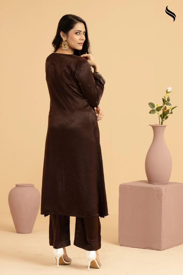 Dark Chocolate Silk Two Piece Set with Stone Work and Tambour Embroidery (Dark Chocolate Color) 03