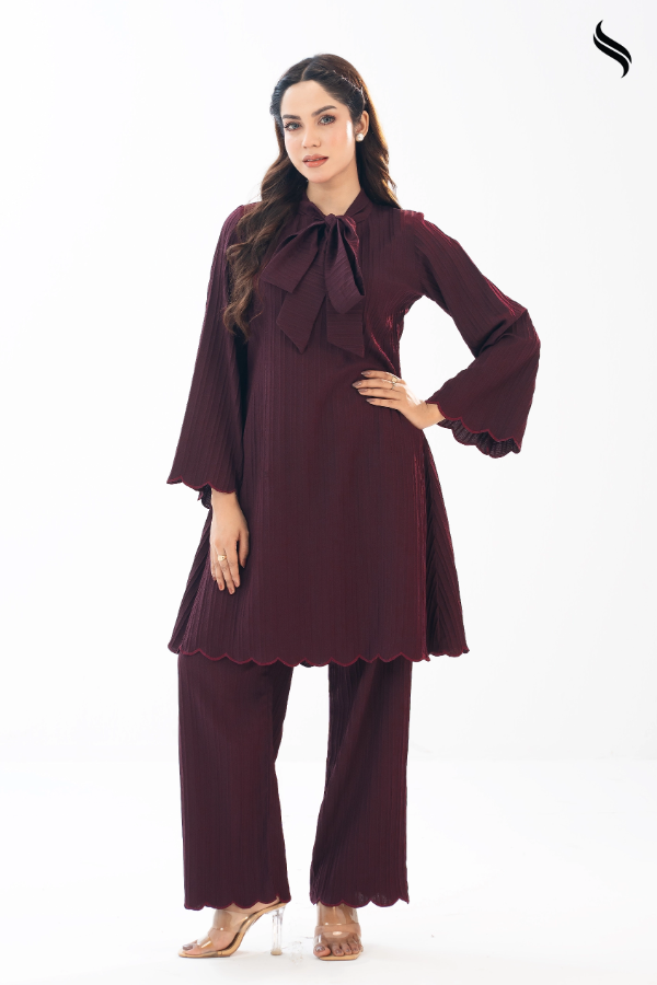 Dark Crimson Fusion co-ord with Scalloped Embroidery (Dark Crimson Color) 01