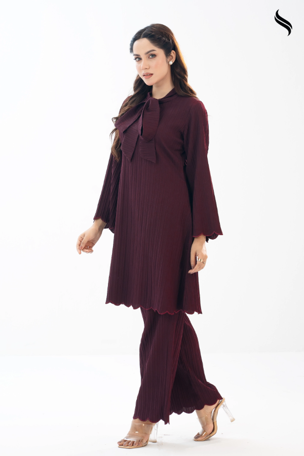 Dark Crimson Fusion co-ord with Scalloped Embroidery (Dark Crimson Color) 02