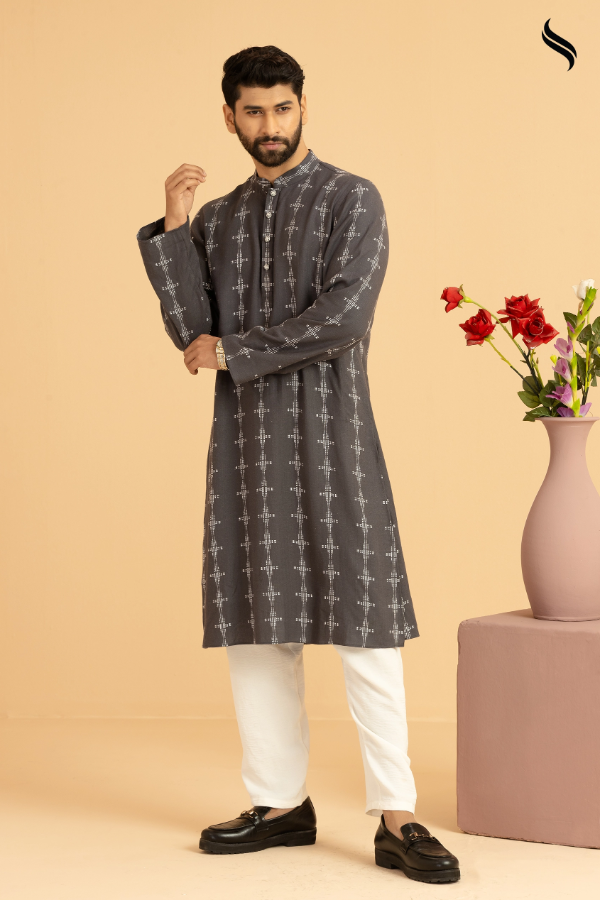 SEESHELL Men's Panjabi Textured Cotton Hand Embroidery Gray