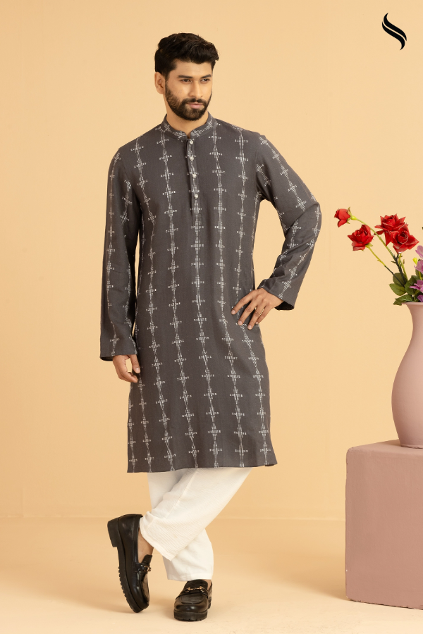 SEESHELL Men's Panjabi Textured Cotton Hand Embroidery Gray (Dark gray Color) 02