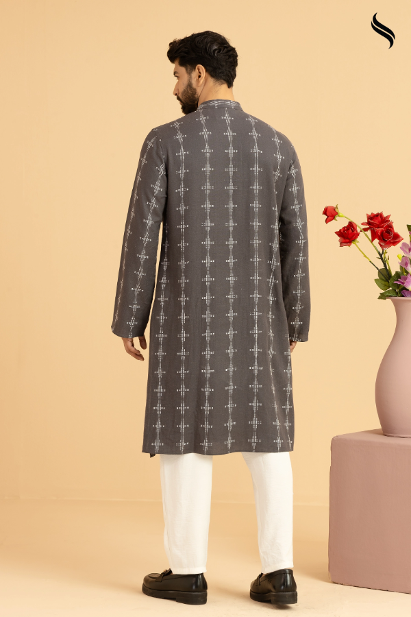 SEESHELL Men's Panjabi Textured Cotton Hand Embroidery Gray (Dark gray Color) 03