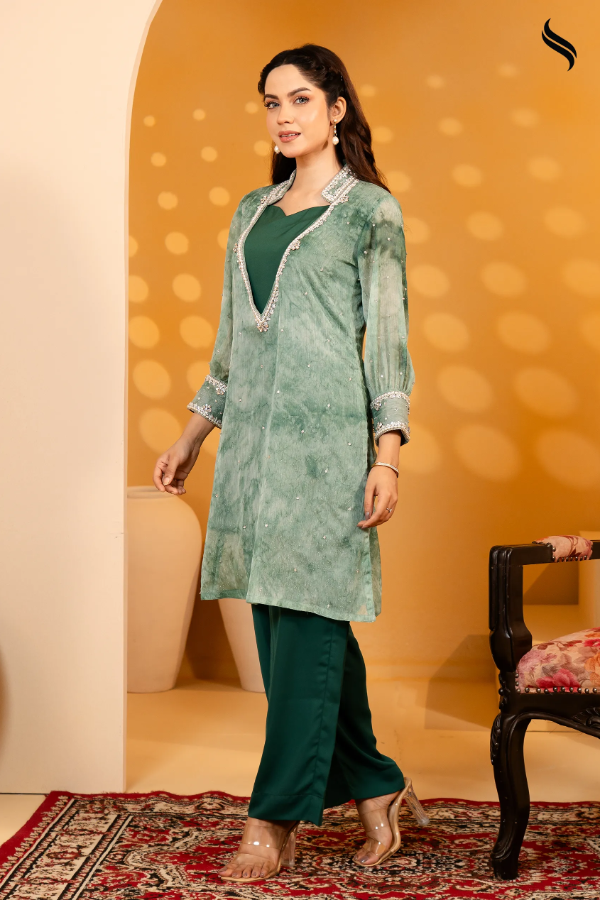 SEESHELL Women's Two Piece Georgette Long V Neck Dark Green (Dark Green Color) 02