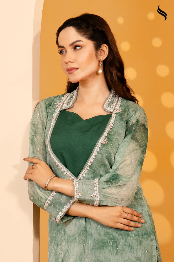 SEESHELL Women's Two Piece Georgette Long V Neck Dark Green (Dark Green Color) 03