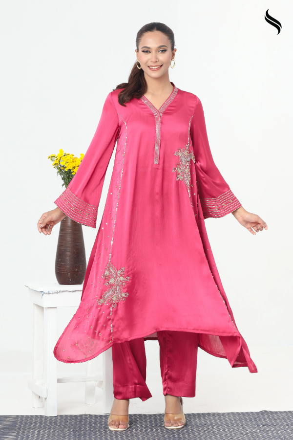SEESHELL Women's Two Piece Silk Zardosi Beadwork Rose Pink