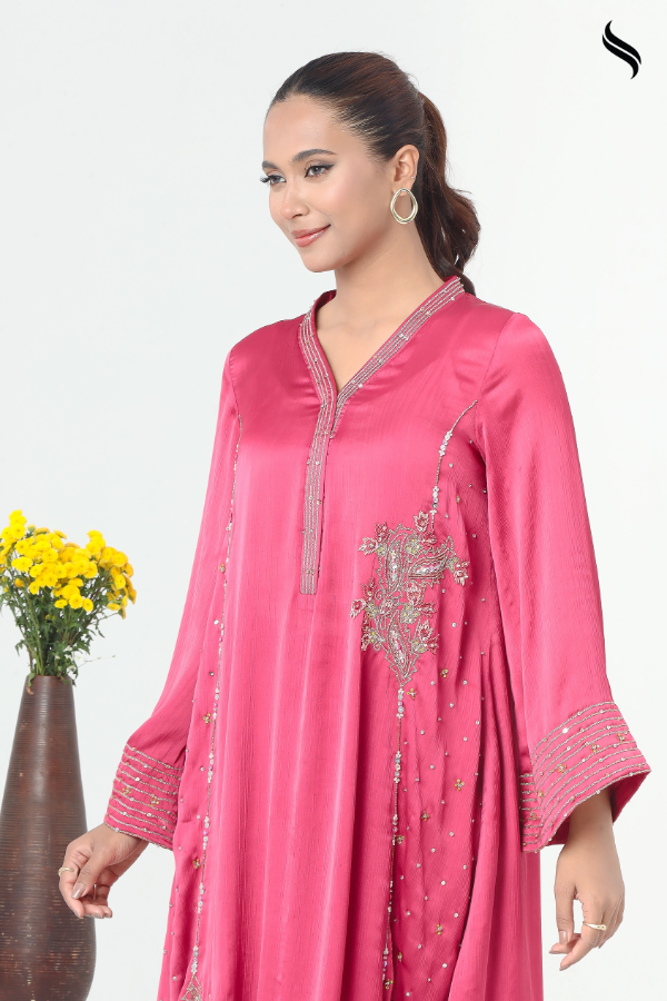 SEESHELL Women's Two Piece Silk Zardosi Beadwork Rose Pink (Deep Rose Pink Color) 02